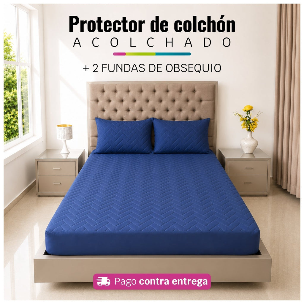 Referencia visual de un protector acolchado color azul oscuro con dos fundas de almohada; el diseño del acolchado puede variar