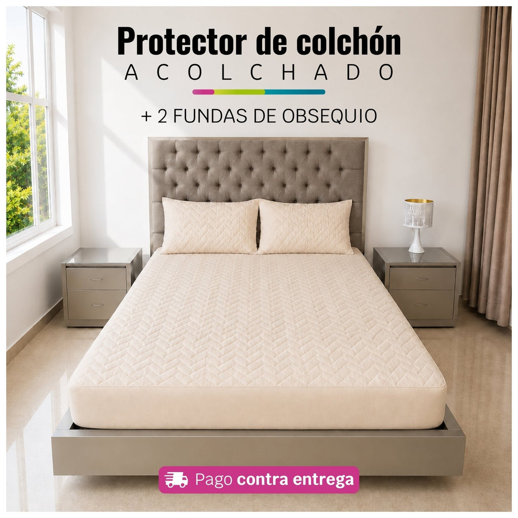 Referencia visual de un protector acolchado color beige con dos fundas de almohada; el diseño del acolchado puede variar
