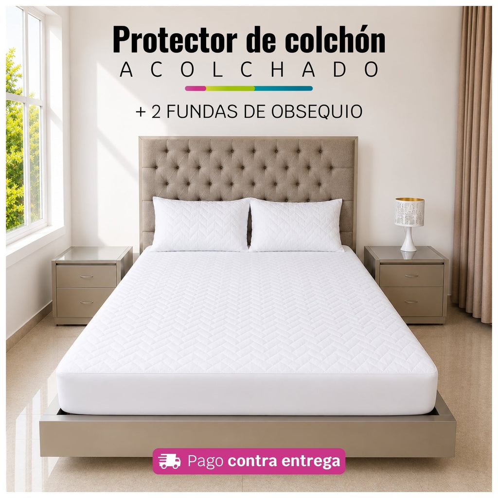 Referencia visual de un protector acolchado color blanco con dos fundas de almohada; el diseño del acolchado puede variar