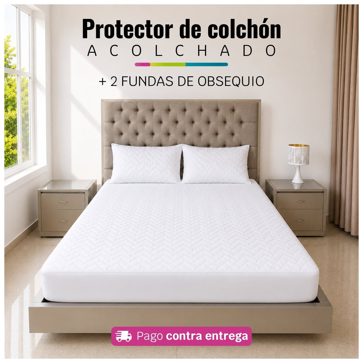 Referencia visual de un protector acolchado color blanco con dos fundas de almohada; el diseño del acolchado puede variar