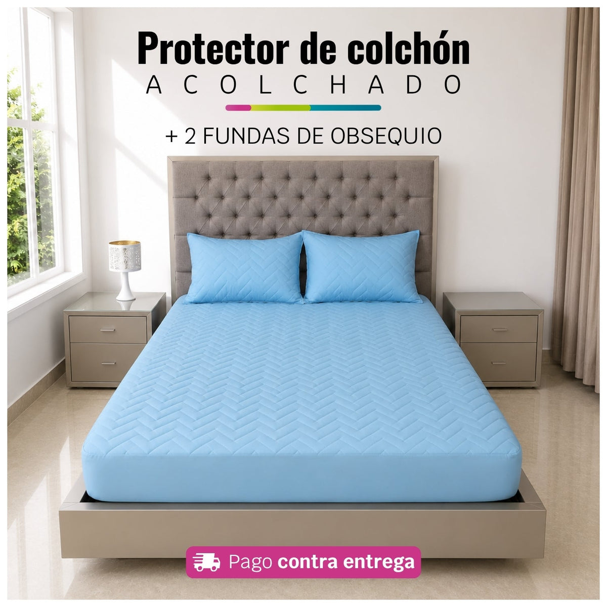 Referencia visual de un protector acolchado color celeste con dos fundas de almohada; el diseño del acolchado puede variar