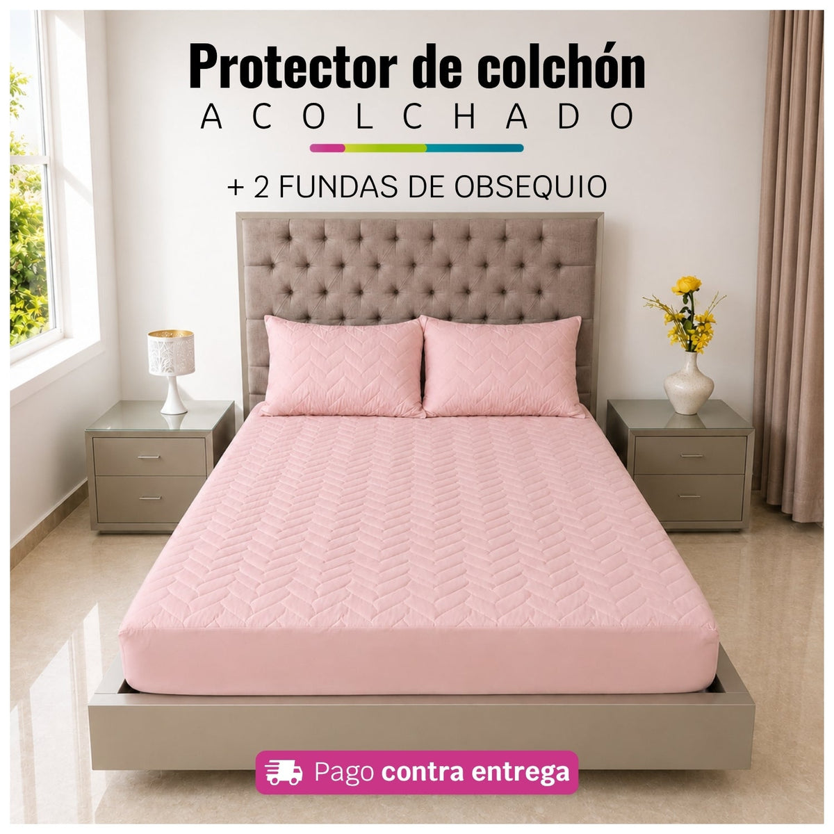 Referencia visual de un protector acolchado color palo de rosa con dos fundas de almohada; el diseño del acolchado puede variar