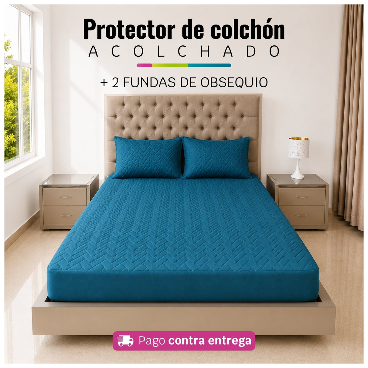 Referencia visual de un protector acolchado color turquesa con dos fundas de almohada; el diseño del acolchado puede variar