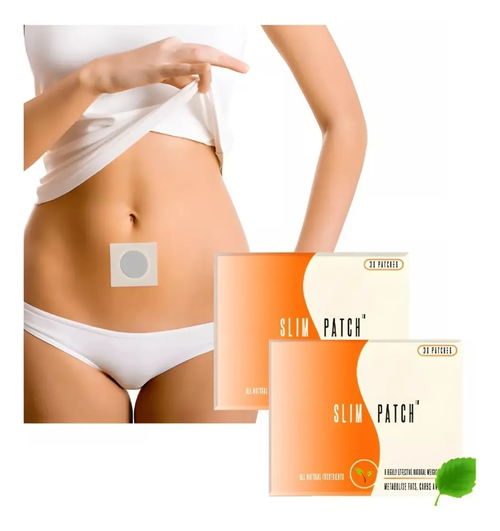 Slim Patch: presentación de la caja naranja y ejemplo visual del parche sobre el abdomen
